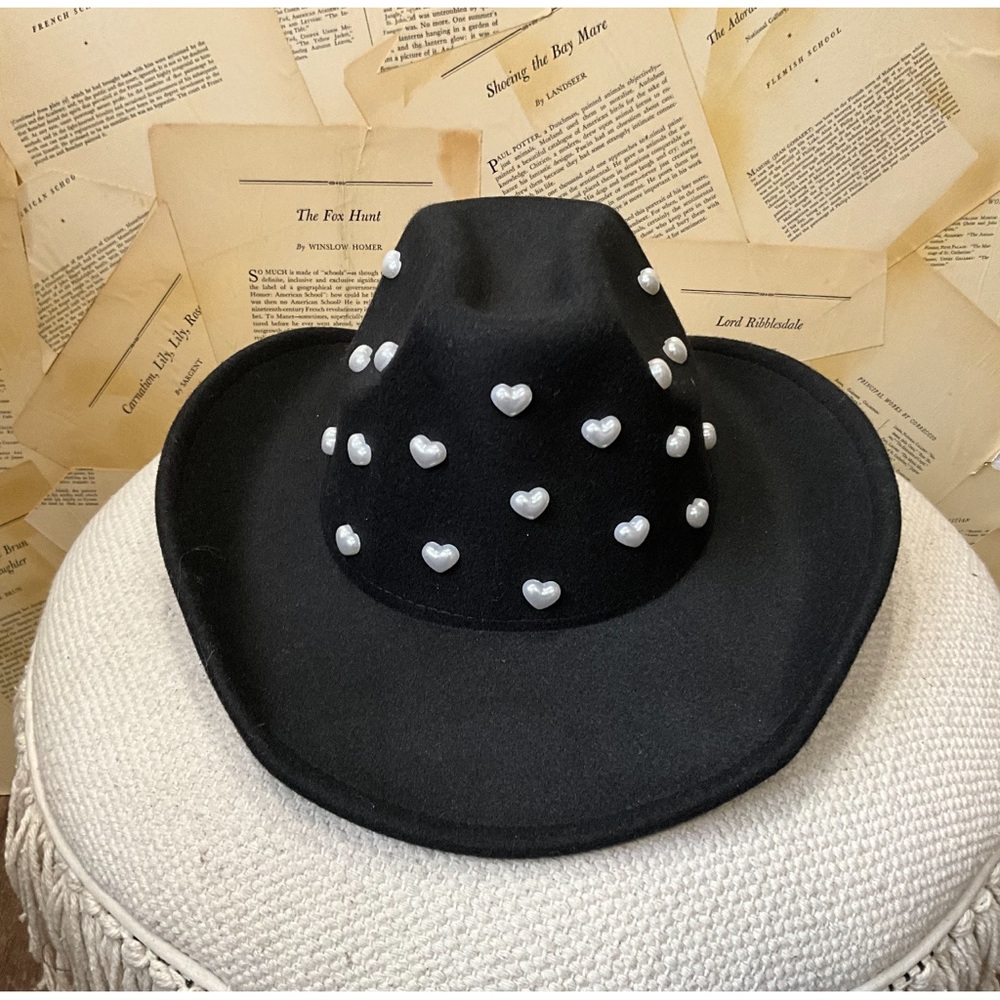 Anthropologie Heart Pearls Rancher Hat Beaded Crown Wool Felt Black - Picture 5 of 8